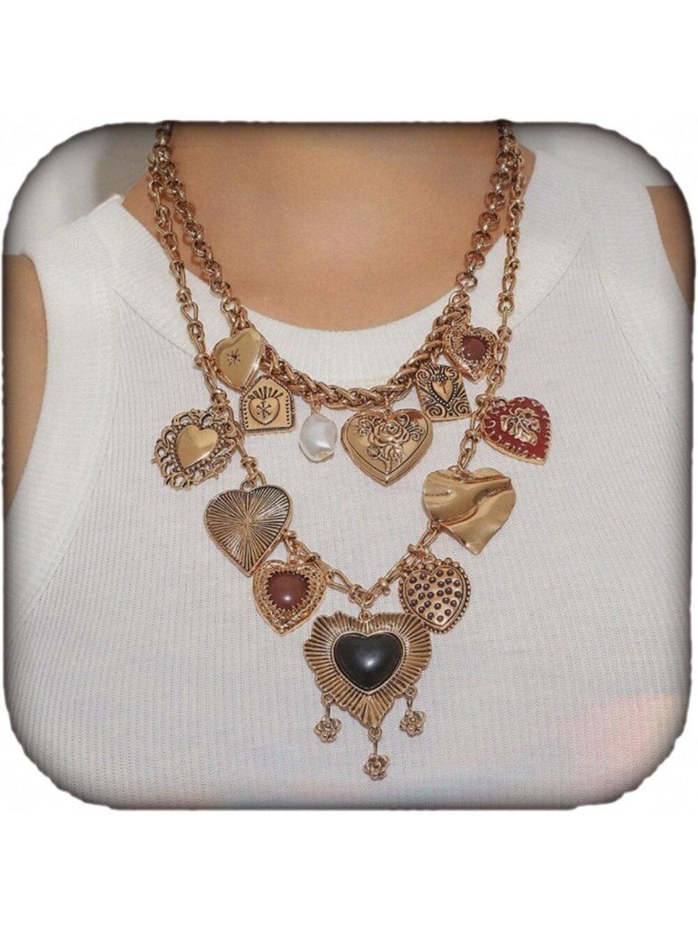 Vintage Heart Charm Statement Necklace | Multi-Layer Gold Chain with Pearl